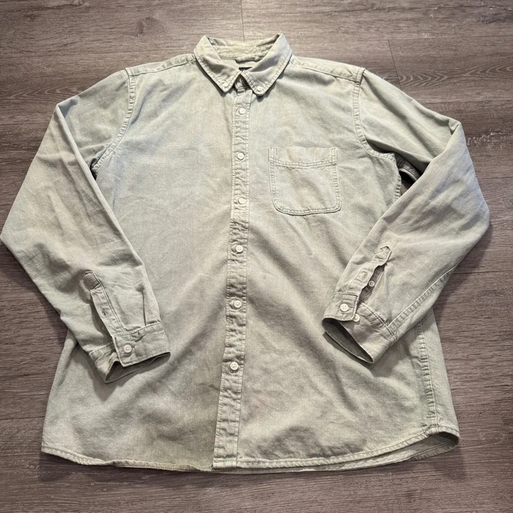 Zara Denim Shirt Mens L Green 100% Cotton Long Sleeve Chambray Workwear Western